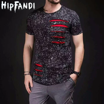 HİPFANDİ Marka Tasarımcı Mens t-Shirt Moda Hi-Sokak Hip Hop T Shirt Kısa Kollu Sokak Tshirt Erkek Yırtık Kenar Kavisli