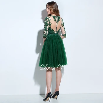 Dressv scoop boyun çizgisi kokteyl elbise yeşil 3/4 kollu diz düğmesi uzunluğu-uzunluk kokteyl elbise resmi parti elbise aplike