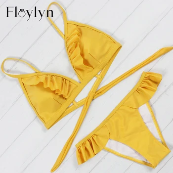 Floylyn Bikini Biquini 2017 Mayo Kadın Mayo Fırfır Mayo Üçgen Plaj Bayan Mayo Giymek Yukarı İtin Seksi