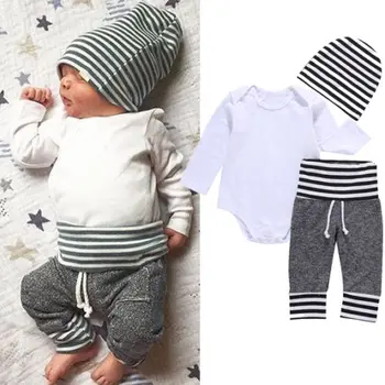 Güçlü Bebek Bebek Çocuk Elbiseleri Pamuk Romper Gömlek Pantolon Şapka Pijama Kıyafeti Klasik Çizgili Elbise Set Yenidoğan