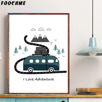 FOOCAME Karikatür Otobüs Araba Bear Mountain Posterler ve Baskılar Sanat Tuval Boyama Ev Çocuklar Oturma Odası İçin Duvar Resimleri Dekorasyon