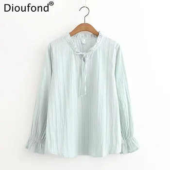 Dioufond 2018 Yeni Parlama Kollu Kadın gömlek Katı Pamuk Kadın Kadınlar İçin Rahat Tam Kadınsı Bluz V-Boyun Elbise Bluz