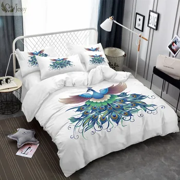 Nevresim Takımı Yatak Seti Mermaid Deniz ATI Çiçek Ev Tekstili Mavi Tavuskuşu Beyaz Arka Yatak Örtüsü Nevresim Yastık Seti