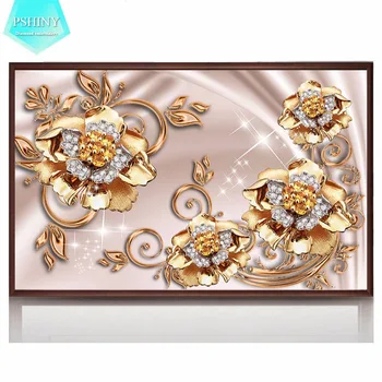 PSHİNY 5D DİY Elmas nakış satılık Altın Çiçek Modern Ev Dekorasyonu Mozaik Tam Kare elmas elmas çapraz dikiş Boyama