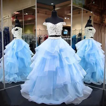 Linyixun Açık Mavi Topu İki Adet Balo 2018 Dantel Kapak Resmi Akşam Parti Organze Fırfır Basamaklı Elbise Kollu Elbise Elbise