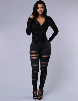 Kadınlar İçin moda Kot Kadın Pamuk Yüksek Elastik Taklit Diz Sıska Kalem Pantolon İnce Siyah Yırtık Kot Yırtık Kot dokunmatik ekran özelliğine