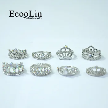 50Pcs EcooLin Takı Moda Zirkon Parlak Taç Gümüş Yüzük Kadınlar Toplu İçin Birçok Kaplama LR4024 Paketleri