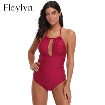 Floylyn Seksi Mayo, Kadınlar Tek Parça 2018 Kadın Artı Boyutu Plaj kıyafeti sırt dekolteli Yular Mayo Mayo Monokini XXL Yastıklı