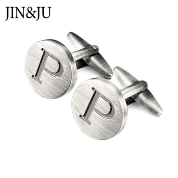 Antika Gümüş Yuvarlak Harfler Kaplama Erkek İçin alfabe kol düğmeleri JİN&JU Harfler P kol düğmeleri Erkek kol düğmeleri manşet gömlek P