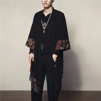 2018 yeni Erkek Pamuk Ceket Kabanlar Uzun Hırka Ceket Çin Tarzı Erkek Moda Rahat Gevşek Rüzgarlık Kimono Şal Keten