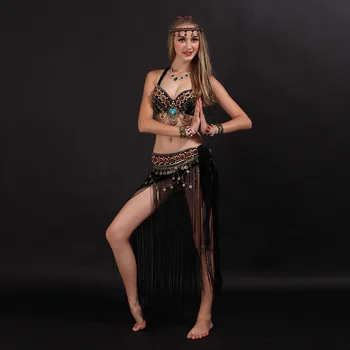 2 Yeni Seksi Arap Aşiret Oryantal Dans Kostüm Giymek Sütyen+Püskül Kemer Parçaları Kadınlar Hindistan Dans Kostüm Performans Takım Göbek