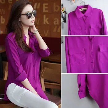 Kadın Uzun Kollu Şifon Kapat-Gömlek Yaka Casual Gevşek Üstler Bluz