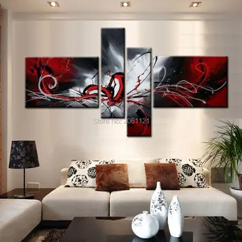 Modern Soyut cnavas yağlı boya el Siyah Beyaz ve Kırmızı Duvar Sanatı Ev Dekoratif Resim 4 Paneller boyalı Tuval Sanat