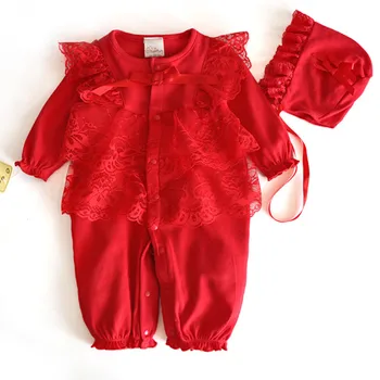 Bebek Tulumu kız elbiseleri bebek kostüm 9 pembe kırmızı dantelli Tulum+şapka çocuk 0 için 2 adet Tulum ayarlar