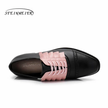 Kadın Hakiki deri düz oxford ayakkabı tasarımcısı vintage kadınlar için pembe siyah çiçek oxfordlar ayakkabı el yapımı