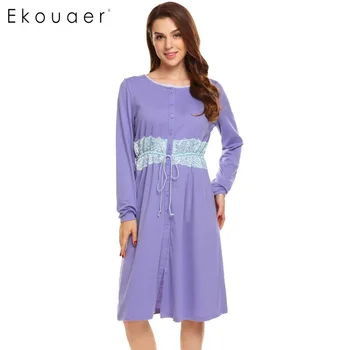 Ekouaer Kadın Vintage Uyku Elbise Kadın Sleepshirt Gecelik Uyku Salonu Elbise Uzun Kollu Dantel Yamalı Düğme Pijama