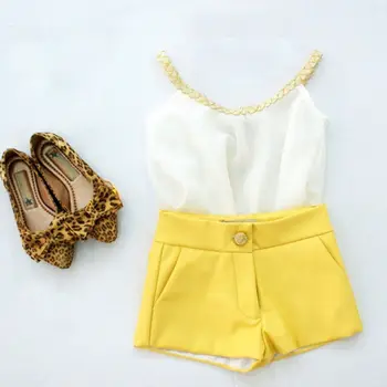 Sarı Pantolon Şort Yaz Giysileri set+ 2016 Sıcak Satış Kız Bebek Çocuk Elbiseleri Üst Gömlek Şifon