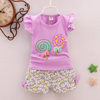 Yeni doğan Bebek Kız Elbise Yaz Lolipop Kısa T-shirt Üstleri Koşu takım Elbise Bebes Çiçek Şort Bebek Giyim Çocuk + Kollu