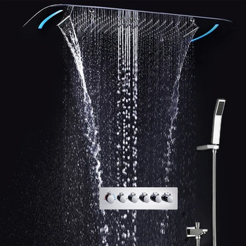 Termostatik Yüksek Akış çok İşlevli Set gizli Yağmur Duş Duş Musluk Şelale Masaj Banyo Armatürleri Sprey Sis LED