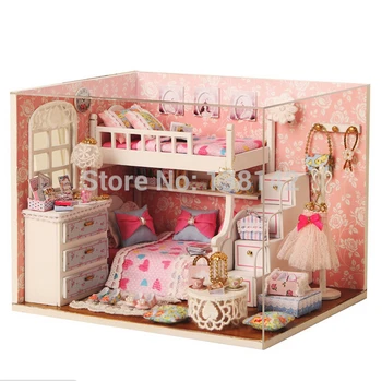 1 minyatür DİY ahşap oyuncak ev:12 yatak odası miniatura dollhouse Mobilya Oyuncak maket H006