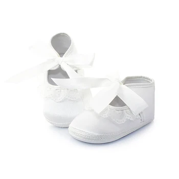 0-12 Ay İçin Delebao Saf Beyaz Dantel-up Vaftiz Vaftiz Bebek Kız Prenses Ayakkabı + Vaftiz Saç Aksesuarı
