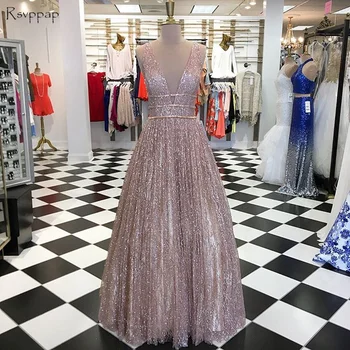 Uzun Gece Elbisesi 2018 Glitter-line Derin V-yaka Kolsuz Arapça Tarzı Kadın Resmi Gece Elbiseleri