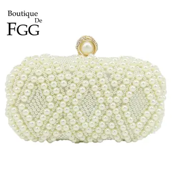 Boutique De FGG Elegance Geometrik Beyaz Kadın Akşam Debriyaj Çanta Düğün Gelin Parti Çanta ve Çanta Boncuk Boncuklu
