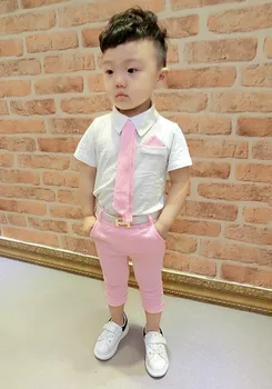 Çocuklar marka çocuk gelinlik beyefendi pamuk için uygun 2017 yaz elbise + pantolon ve kemer bebek takım elbise kravat gömlek