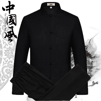 Geleneksel Çin Erkekler Uzun Tang takım Elbise Setleri Mandarin Yaka Kol Kung Fu İnce Artı Boyutu 3XL Fit Erkek Gömlek ve Pantolon takım Elbise