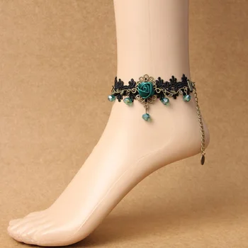 Gotik Kadın Alaşım Kristal Yeşil altın Çiçek Siyah Dantel ayak Bileği Bilezik Yalınayak Sandalet Vintage Retro Ayak Takı Gül