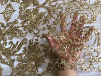 Güzel lüks gelinlik/gece elbisesi için altın glitter glitter tül örgü nakış dantel kumaş JRB-52408 yapıştırılmış