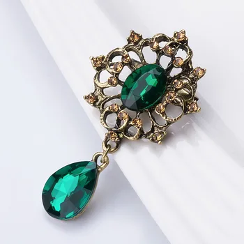 QCOOLJLY Vintage Stili Yeşil Kristal Damla Kolye Hediye Broş,Kadın Kostüm Broş Pin Moda Kadın Sız Pin Toka