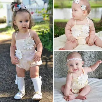 Çiçek Yeni Doğan Bebek Kız Sunsuit Kız Çocuk Giyim Kolsuz Yaz Elbise Sunsuit Tulum Badi Badi Pamuk Çizgili