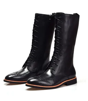 Moda İngiliz tarzı Kahverengi ten rengi / Siyah diz yüksek boots hakiki deri erkek kışlık botlar rahat ayakkabı açık erkek