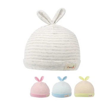 Pamuk Çizgili Yeni Doğan Bebek Şapka Tavşan Bebek Lastik Şapka Bebek, Çocuk, Kız Bere Şapka Yumuşak Sevimli Şapka Bahar Erkek Giyim Kulak