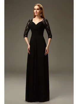 Gelinin siyah 2018 Anne boyun 3/4 Kollu Dantel Şifon V-line-Elbiseler Uzun Zarif Damat Anne Düğün Elbiseleri