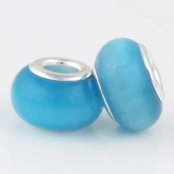 Pandora Bilezik Takılar İçin 10 Adet Çok 8*14 mm Linux Mavi Opal Gümüş Boncuklar Doğal Kedi Gözü Taşı Avrupa Çek Boncuk Fit