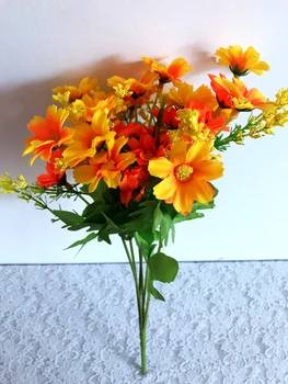 28 baş krizantem sarı/turuncu küçük papatya çiçek, yapay çiçek ekranı ipek kumaş çiçekler/çok 5piece