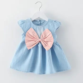 Kız bebek Bow-düğüm Tasarım Mini Elbise Çocuk Bebek Yaz Stil Moda Kısa Kollu Parti Elbise Çocuk Elbiseleri 2017 Sıcak Satış