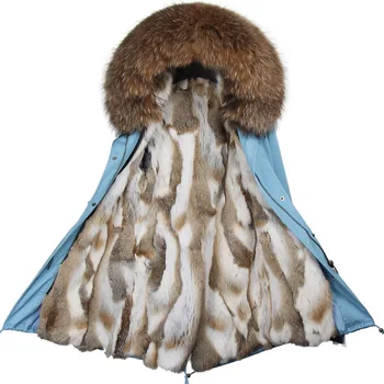 Ücretsiz DHL 5-7 Moda kadın gerçek tavşan kürk astar kış ceket ceket doğal tilki kürk yaka uzun parkalar giyim kapşonlu