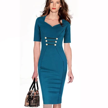 Kadın Vintage İş Elbise Resmi Düz Renk Yarım Kol Düğmeleri Kariyer Streç Tunik Bodycon Midi 897 Elbise Monte