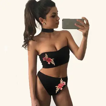 2018 Yeni Yüksek Bel Bikini Seksi Nakış Kadınlar Straplez Push Mayo Takım seç: Banyo Yastıklı Kadın Mayo Set Rose