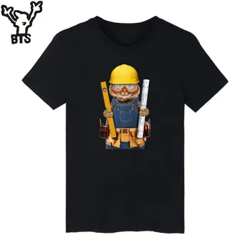 RAMADA Builder Kedi Tişörtü Erkekler Yaz Casual Karikatür Tshirt Erkek Kol Kawaii Mühendis Kedi 4XL Moda T-shirt Erkek Pamuklu Kısa