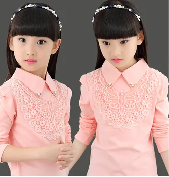 Okul Kız Dantel Çiçek Yüksek Kaliteli Çocuk Giyim Pamuk Bluz Aşağı Gömlek Yeni 2018 Bahar Moda Çocuklar Katı Açın Bluz-
