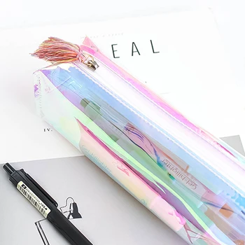 Kızlar Sevimli Pvc Kalem Çantası Kırtasiye Ofis Okul Çantası için sevimli Renkli Kalem Zakka Maddeleridir Şeffaf Glitter Malzemeleri