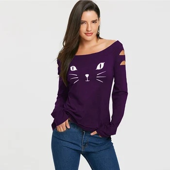 VESTLİNDA Kadınlar T T Sökük Kol Uzun Baskı Yüz Kedi-Shirt Kadın Giyim Tshirt Üstleri KADIN Casual Sonbahar Kedi Kıyafetleri Gömlek