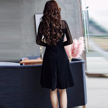 Zarif Siyah Dantel Yamalı Elbise Sonbahar Kış Kadın Sahte 2 Adet Uzun Kollu O-Boyun Parti vestidos RE0282 Kadife Elbise