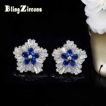 BlingZircons Moda Bayan Takı Beyaz Altın Rengi Kar Çiçeği Kadın Kübik Zirkon E012 Koyu Mavi Kristal Küpe