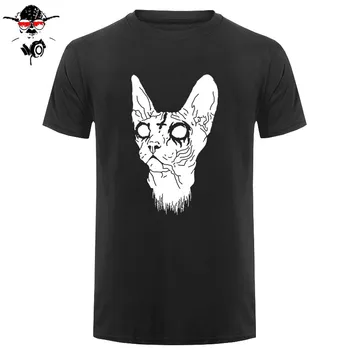 Barok Çerçeve Pamuk Rahat Erkek Kedi Baskılı T Gömlek Kısa Kollu Erkek Siyah Metal Sphinx Gömlek T