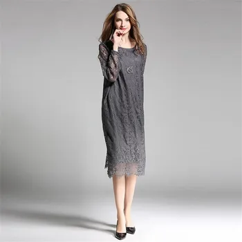 Yüksek Kalite Artı Boyutu XL-4XL Zarif Dantel Elbise Kadınlar Gevşek Sonbahar Uzun kollu Moda Parti Elbise Düz Vestido oymak